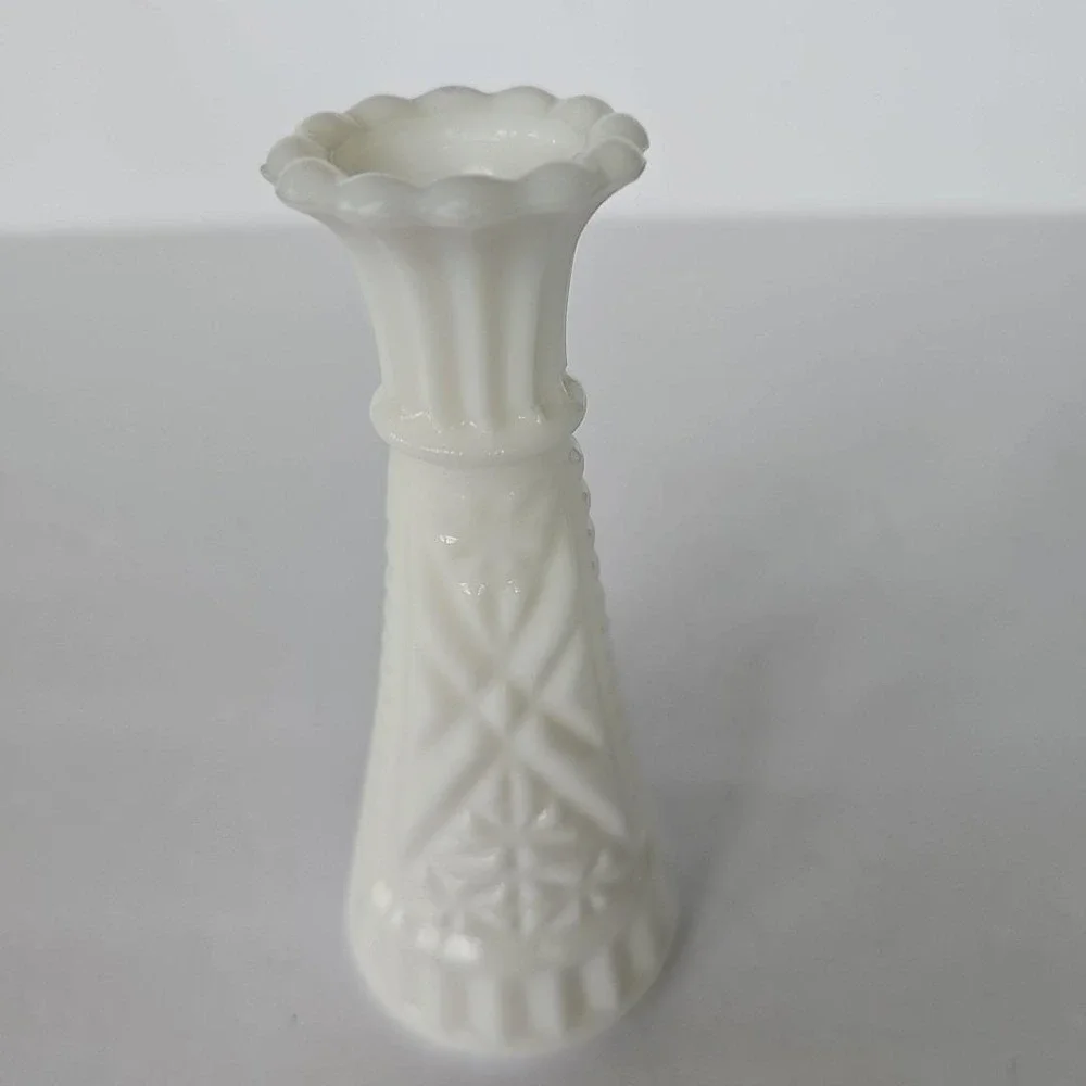 Vintage Milk Glass Bud Vase Star Diamond Pattern Scalloped Rim Mid Century Decor